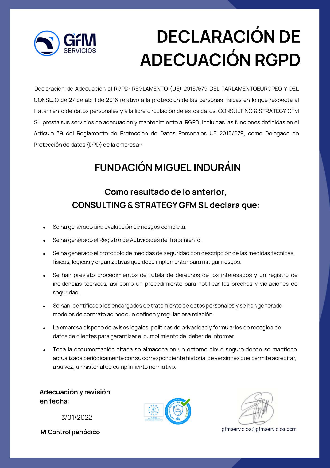 Declaración de adecuación de Fundación Miguel Indurain Fundazioa